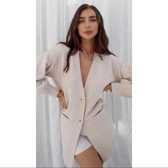 Beige Knit MIDI Button Up Cardigan - Picture 3 of 4